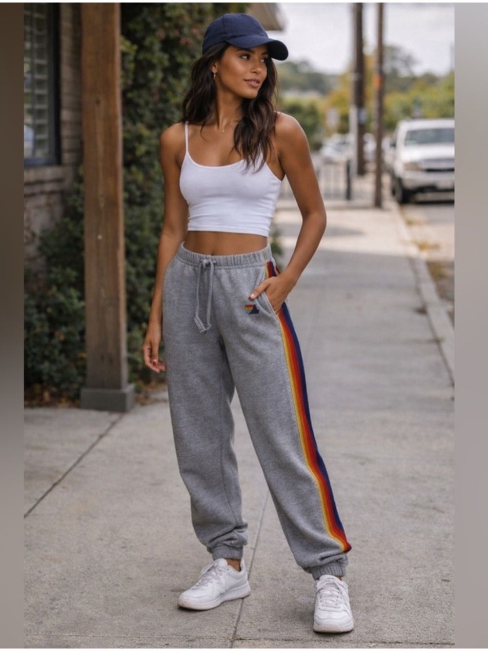 Aviator Nation Gray Track Joggers with Rainbow Side Stripe